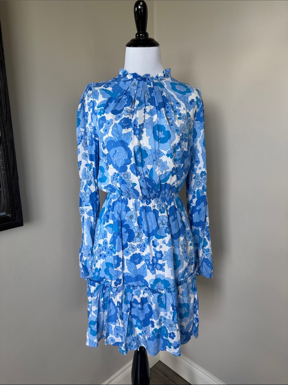 Sugarlips Blue & White Floral Long-Sleeve Tiered Dress